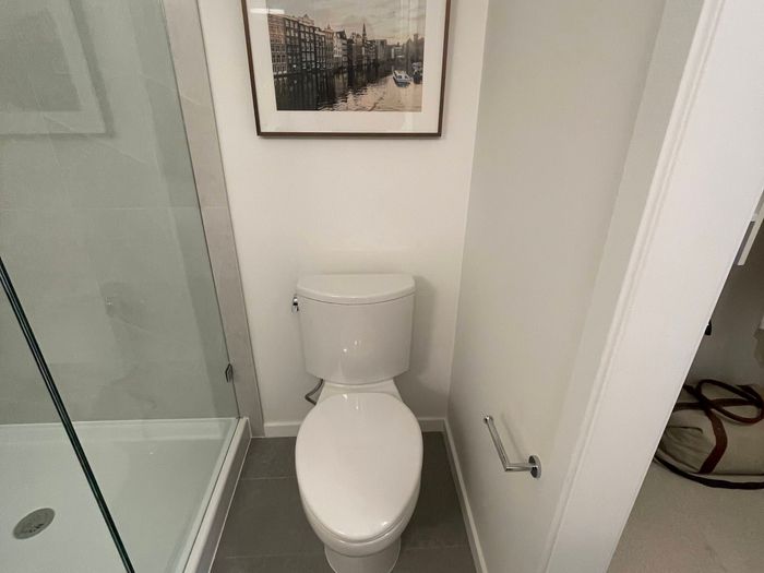 Glass shower with ceiling-mounted rain head and toilet install